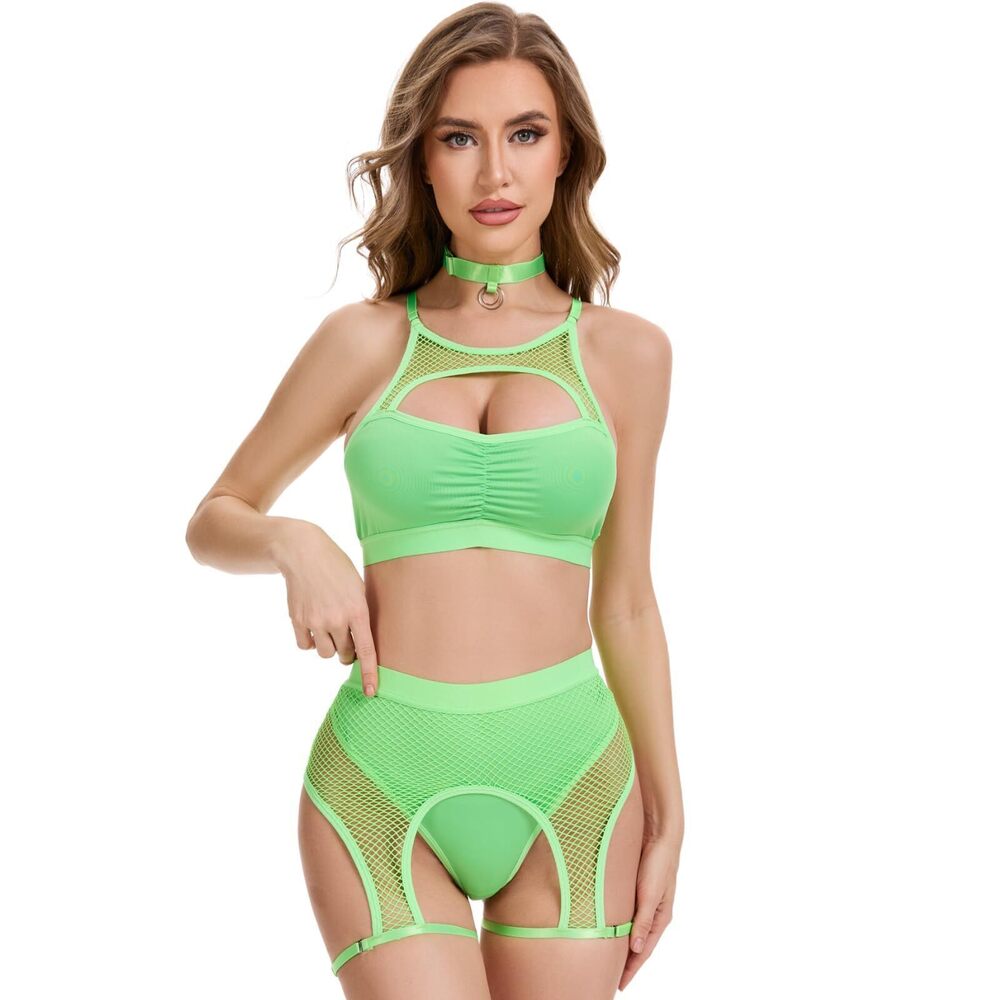 7428 Rave Outfits : 3Pcs Fishnet Lingerie Set with Cutout Top, Booty Shorts